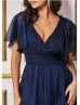 Navy Blue Lurex Chiffon Elastic Waist Party Dress